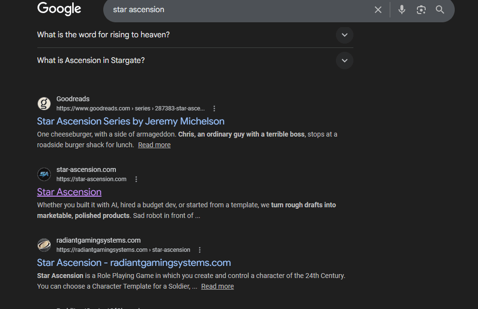 Google search result for star ascension showing body text and image alt text in the meta description snippet instead of the actual meta description