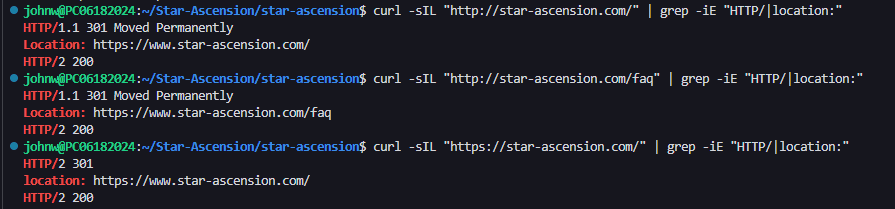 Terminal output of curl showing a single 301 redirect from any non-www variant directly to https://www.star-ascension.com with paths preserved