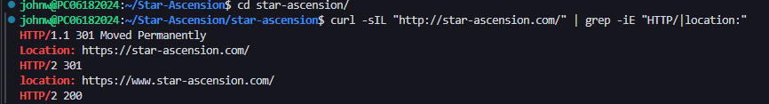 Terminal output of curl showing two 301 redirects from http to https to https-www, indicating a two-hop redirect chain that triggers Google Search Console redirect errors